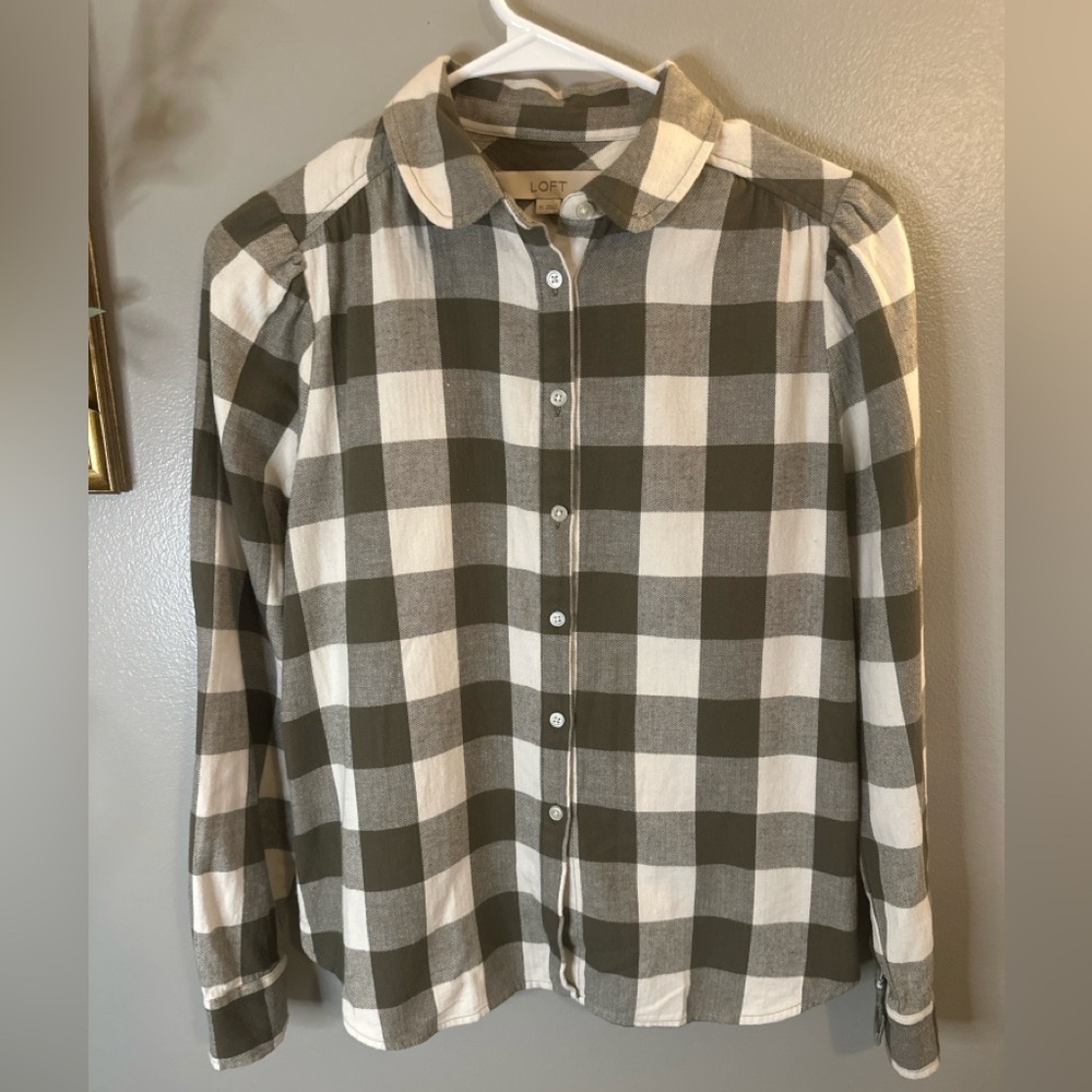 LOFT Buffalo Check Button Down Shirt XS Neutral Preppy Coastal Cotton - Picture 3 of 10